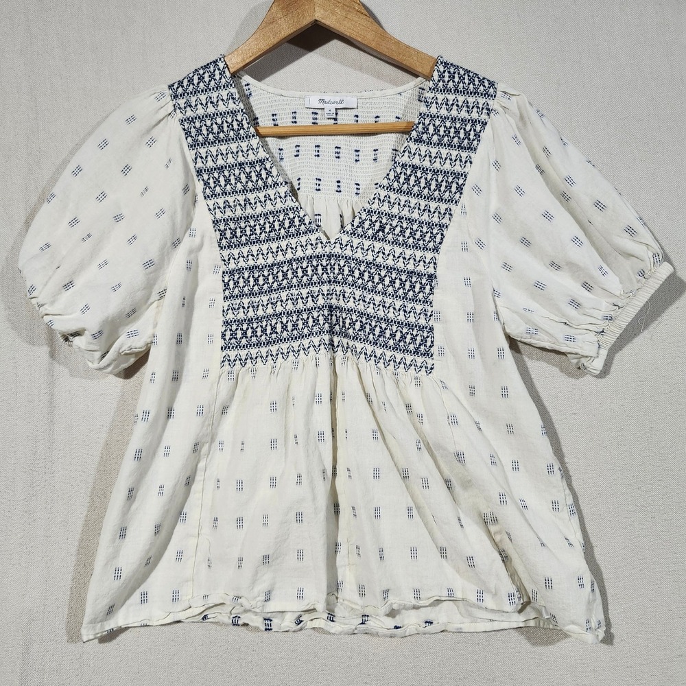 Madewell Womens M White Navy Blue Smocked Embroidered Puff Sleeve Cotton Top